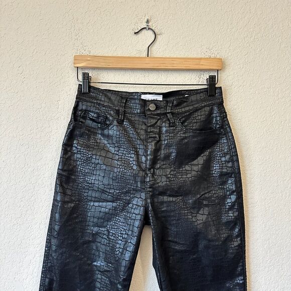 FRAME DENIM Hi-Rise Le Sylvie Slender Straight Jean in Coated Noir Croc - Picture 3 of 16